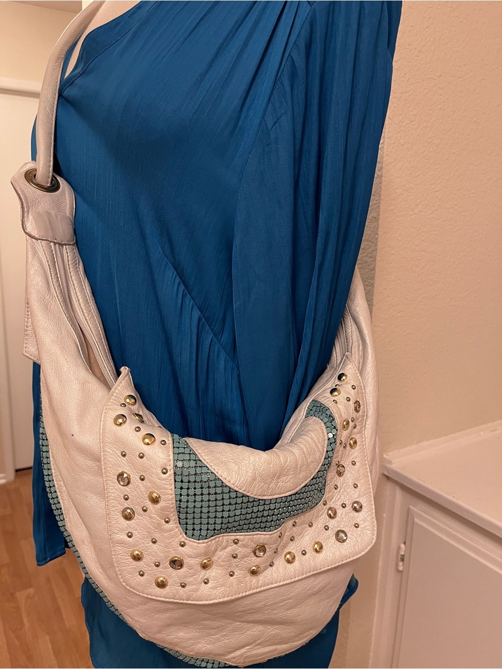 Treesje White Leather Hobo Bag with Teal Accent and Gold and Crystal Studs